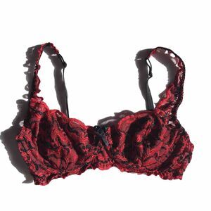 VTG Y2K Sexy Ilusion Black Red Lace Bra Underwire Lined 34C Whimsygoth Coquette